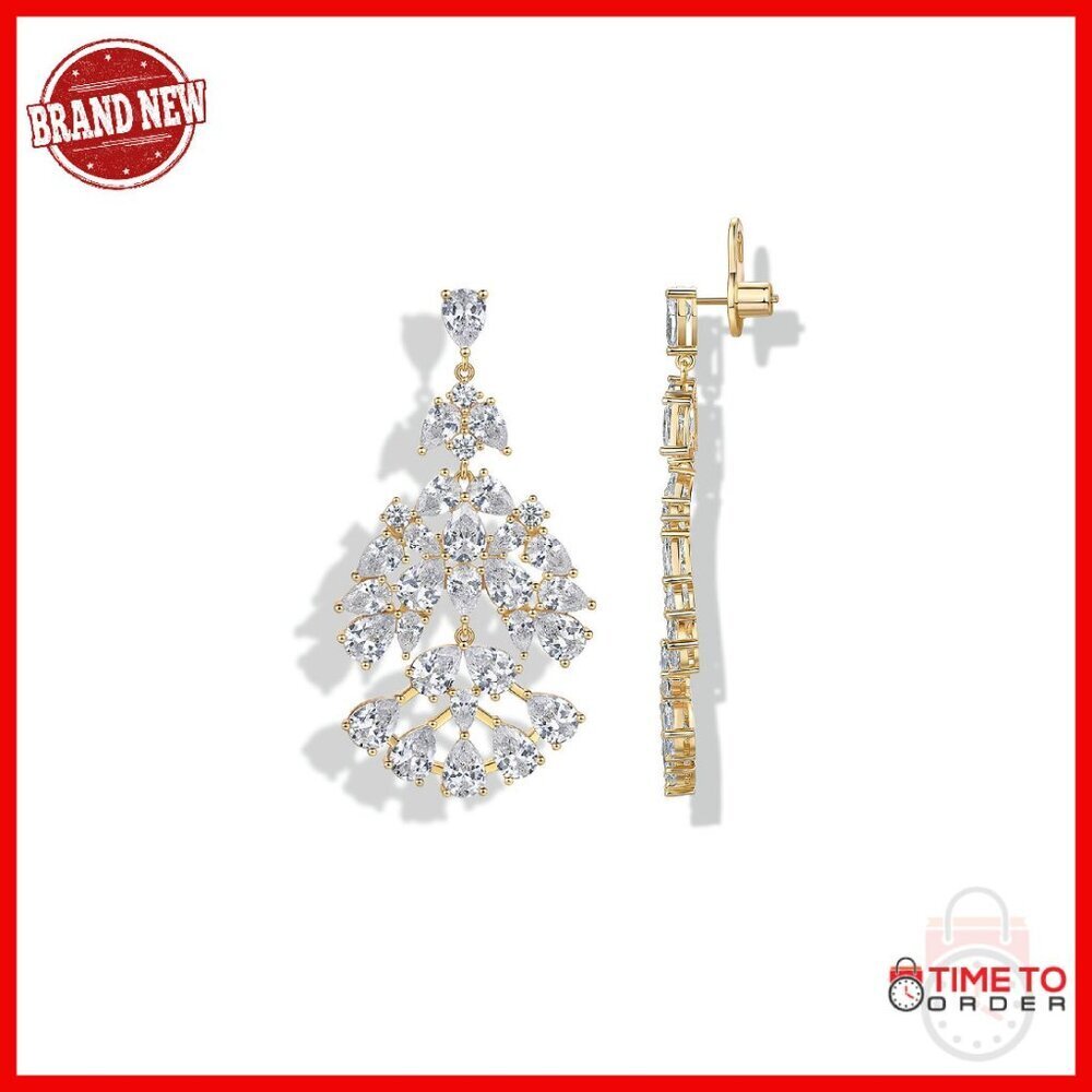 14K Gold Plated Crystal Chandelier Drop Earrings 58mm Statement Bridal